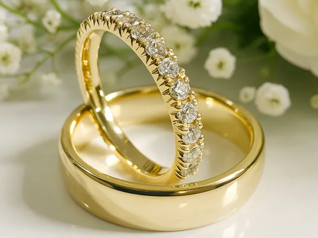 18ct Yellow Gold Diamond Set and Plain Wedding Bands